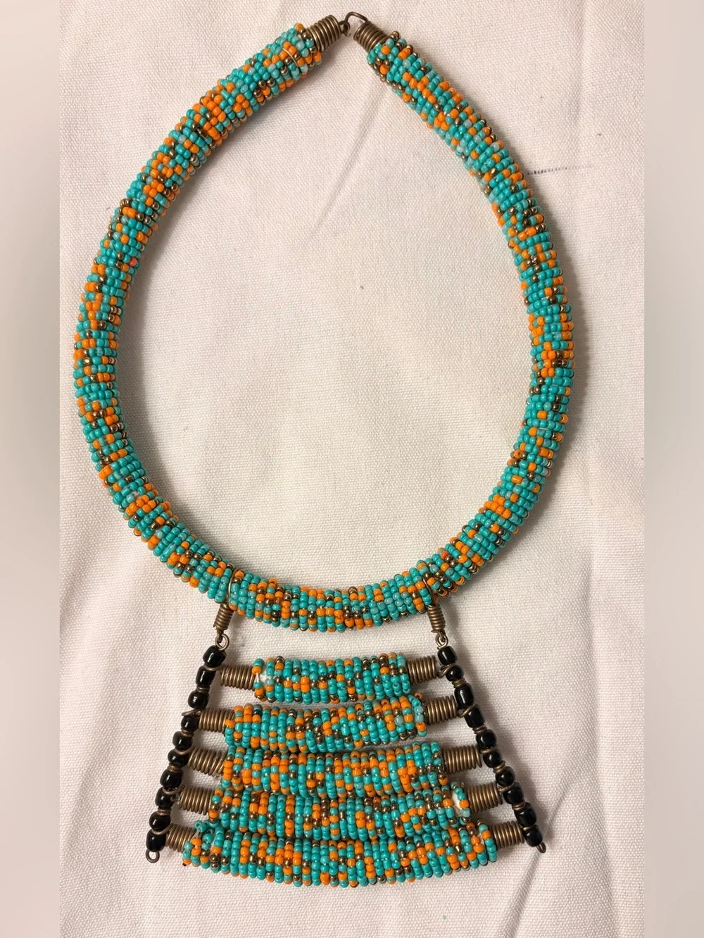 African Maasai Beaded Handcrafted Turquoise & Orange Beaded Statement Necklace